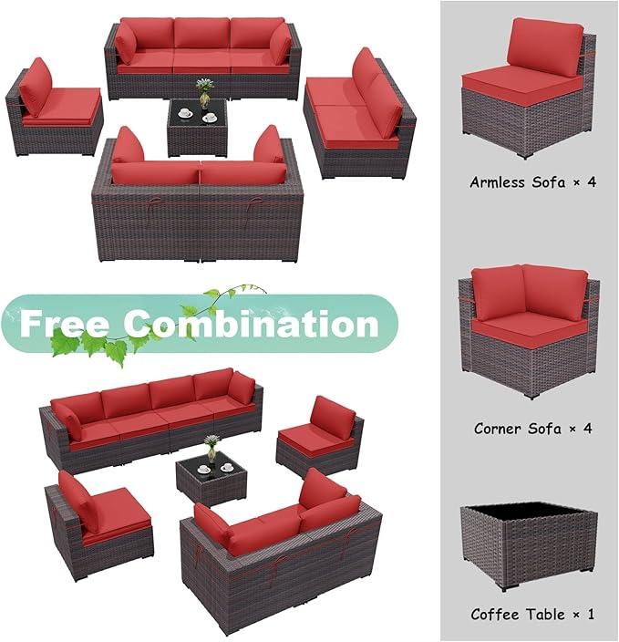 ALAULM 9 Pieces Patio Furniture Set Wicker Patio Conversation Set with 4 Corner Sofas, Outdoor Sectional Furniture w/Coffee Table & Washable Seat Cushions-Red