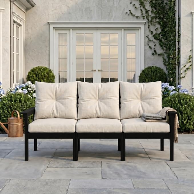 HDPE Outdoor Patio Furniture Set, 7-Piece Patio Conversation Sets with Coffee Table & Side Table & Beige Washable Thick Cushions, Outdoor Sofa for Balcony, Porch(Black Frame)