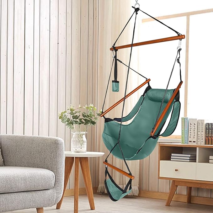Hammock Hanging Sky Chair with Footrest, Folding Camping Air Deluxe Swing Seat with Rope, Heavy Duty Foldable Rocker with Cup Holder for Outdoor Beach Patio Sport Lawn (Green)