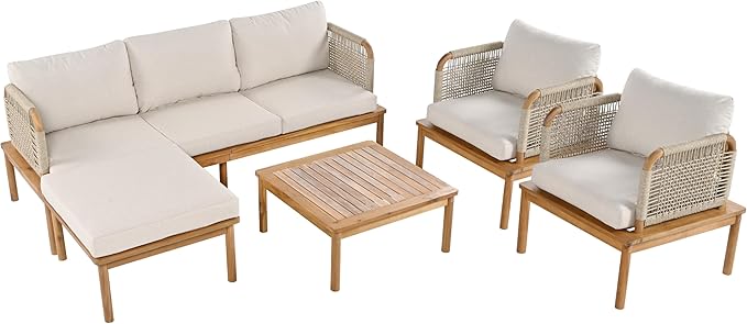 Merax Outdoor 5-Piece Acacia Wood & Rope Patio Sofa Set with Ottoman & Table, Water-Repellent Cushions, for Garden & Patio