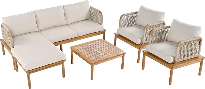 VilroCaz Outdoor 5-Piece Acacia Wood and Rope Patio Sofa Set, All-Weather Conversation Set with Coffee Table and Thick Cushions for Garden Backyard Balcony (Teak+Beige-5P)