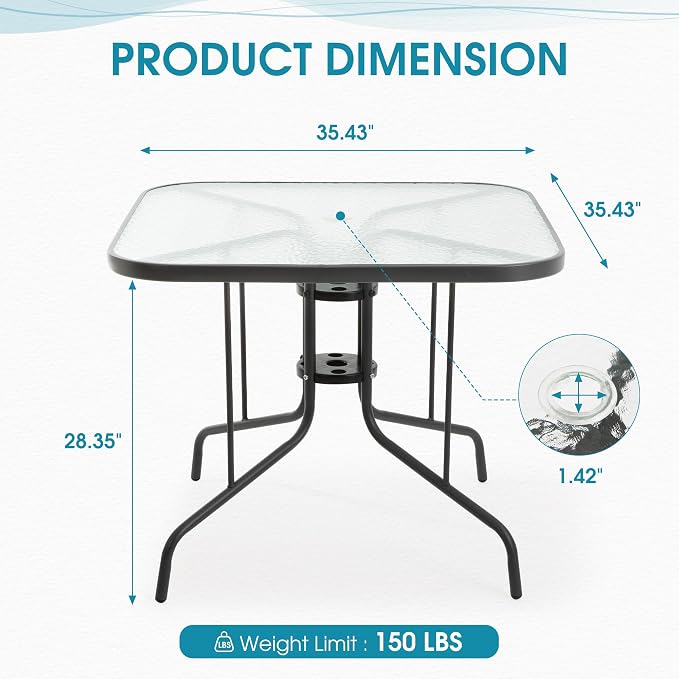 Patio Dining Table for 4 with Umbrella Hole, Outdoor 5 Piece Dining Set 36" x 36", Grey, for Garden Backyard Poolside Front Proch Outside