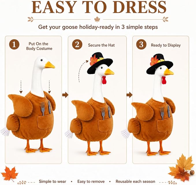 Thanksgiving Turkey Porch Goose Outfit for 23" Lawn Statue Fall Autumn Sculpture Clothes for Plastic/Cement Statue Duck Costume for Garden Patio Yard Lawn Art Decoration