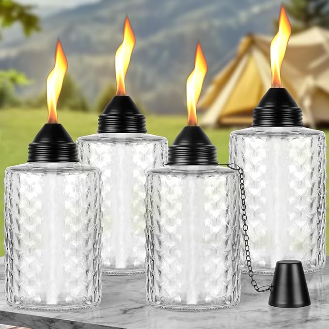 KintKita Glass Torches for Outside 4 Pack, 12oz Table Top Citronella Torch Outdoor Lighting, Refillable Tabletop Torch Includes Wick & Cap for Outside Patio & Backyard Parties Décor (White