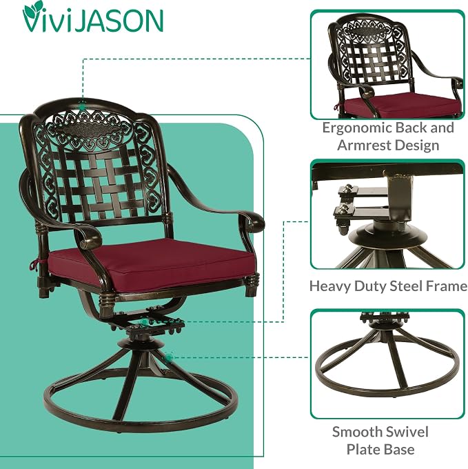 VIVIJASON 5-Piece Outdoor Patio Dining Set, All-Weather Cast Aluminum Conversation Set for Balcony, Patio Furniture Set Include 4 Swivel Cushioned Chairs, 1 Square Table w/Umbrella Hole, Red Cushion