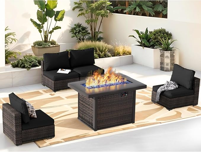 Outdoor Sectional Furniture, 5 Piece Patio Furniture Set with 42-inch Fire Wicker Propane Fire Pit Table - All Weather Wicker Rattan Sofa Conversation Set for Backyard Lawn Poolside Deck, Black