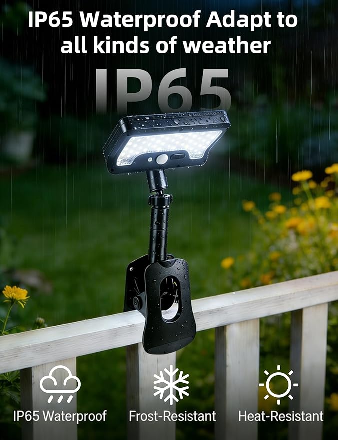 Solar Clip Light with Motion Sensor, Waterproof Clip On Solar Lights Outdoor, 360°Rotatable & 45°Up-Down Adjustable Solar Fence Ligh, Dual Charging Modes,Solar Security Light for Garden Garage