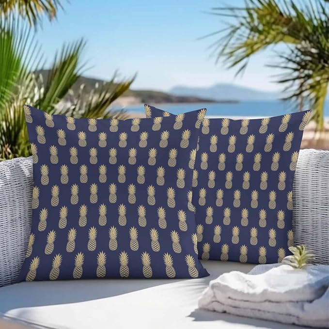 Summer Pineapple Outdoor Pillow Covers Waterproof,All Weather Cushion Case Set of 2 Decorative Pillowcases for Sofa Couch Bed Decor Patio Furniture 24"x24" Tropical Fruit Geometric Navy Blue