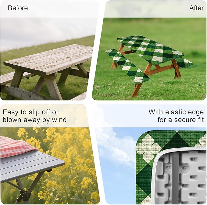 ANNA QUEEN St. Patrick’s Day 6FT Picnic Table Cover with Bench Covers Set of 3 with Drawstring Bag, Green Plaid Clover 72"x30" Waterproof Picnic Tablecloth & Bench Covers