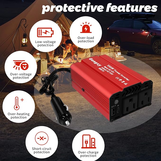 Car Power Inverters 350W Inverter - 12v DC to 110v AC Converter with AC Outlets USB Type-c Port,Car Power Converter for Truck/Home/Vehicles/Laptop Trip (Red, 350W)