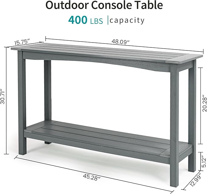 Outdoor Console Table, All-Weather 2-Tier Patio Console Table, Outside Plant Stand Table, Low Maintenance, Never Rot or Fade, HIPS Table for Indoor, Backyard, Garden, Entryway, Grey