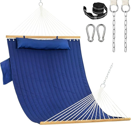 Lazy Daze Hammocks 10.5FT 2 Person Double Quilted Fabric Hammock with Spreader Bar, Detachable Pillow, Side Pocket, Carabiners, Chains, Straps for Outdoor, 450lbs Capacity, Navy Blue