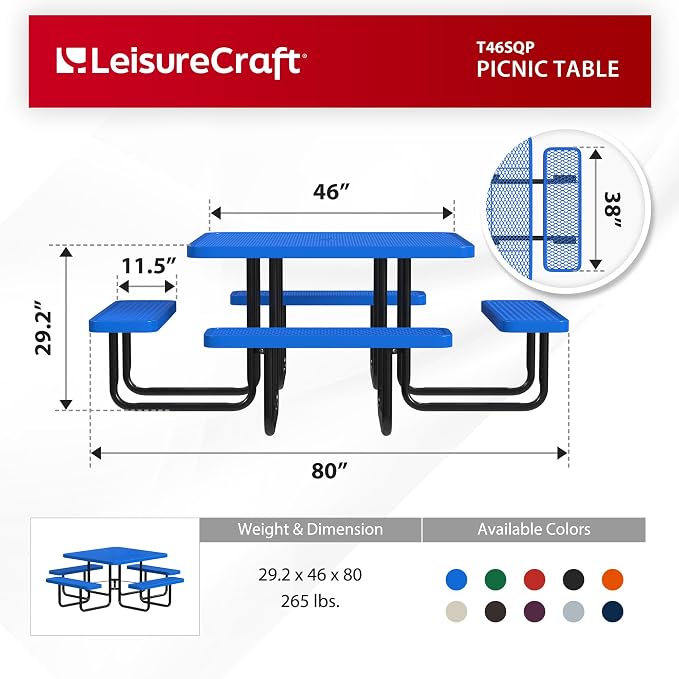 Leisure Craft Metal Picnic Table with Bench - 46" Square Outdoor Dining Table for 8 with Umbrella Hole, Weatherproof Heavy Duty Thermoplastic Coating, Commercial Grade Furniture Made in USA - Blue