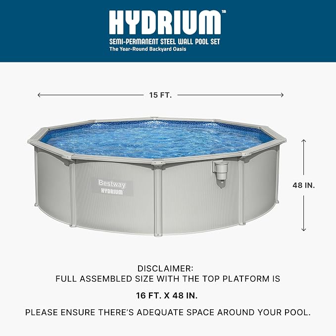Bestway Hydrium 15' x 48" Above Ground Pool, Round Steel Side Wall Frame Outdoor Swimming Pool Set with Sand Filter Pump, Ladder & Accessories