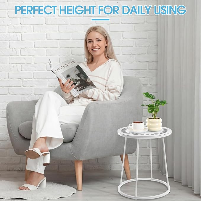 Vercraft Small Outdoor Side Table, 14" Patio Side Tables with Flower Cut Outs Weather Resistant Metal Outdoor End Table for Patio Outside Porch Balconies Garden(White,Simple)