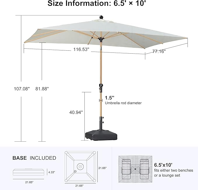 PURPLE LEAF 6.5' x 10' Outdoor Umbrella with Base Patio Umbrella Rectangular Outdoor Table Umbrella with Push Button Tilt & Crank and 8 Ribs Aluminum Market Umbrella for Backyard Deck, Cream