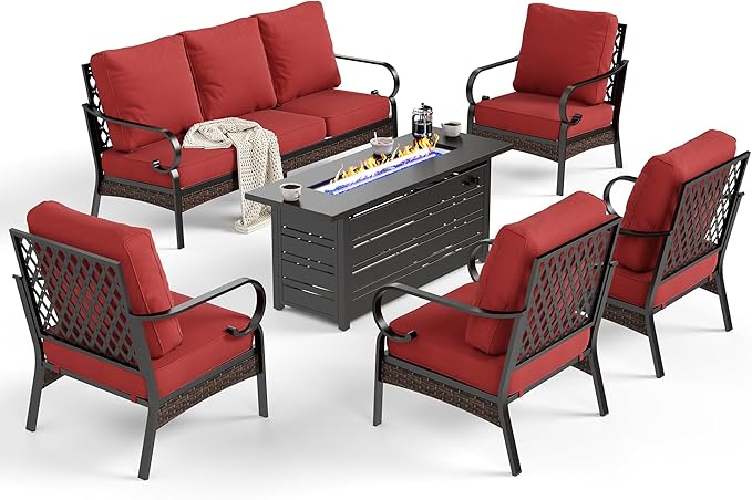 6 Piece Metal Outdoor Patio Furniture Sets with Firepit Table, Patio Conversation Sets 1 3-Seater Sofa, 4 Single Sofa with 5.75" Extra Cushion Backyard Furniture for Deck, Rust Red