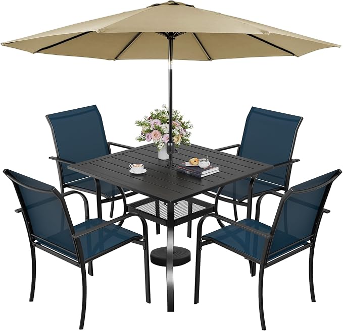 Incbruce 6 Pieces Patio Dining Set with Brown Umbrella, Outdoor Dining Set of 4 Textilene Chairs and Square Table with Umbrella Hole for Backyard, Garden, and Poolside (Blue)