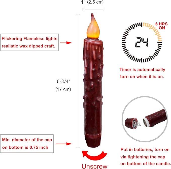 CVHOMEDECO. Real Wax Hand Dipped Battery Operated LED Timer Taper Candles Rustic Primitive Flameless Lights Décor, 6-3/4 Inch, Burgundy, 6 PCS in a Package