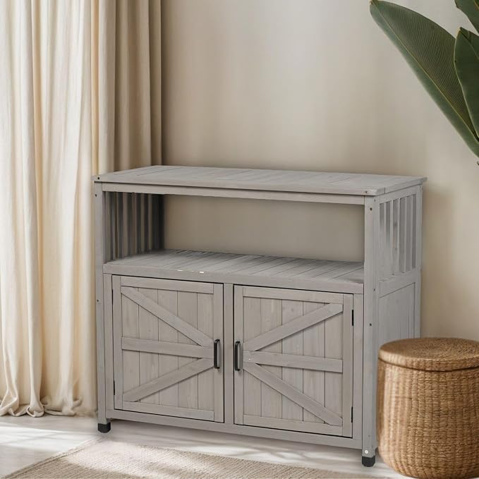 Wooden Patio Bar Table with Storage, Outdoor Buffet Cabinet Sideboard, Grey