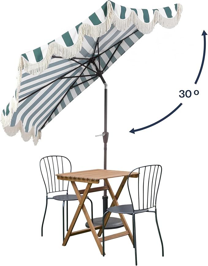 JONATHAN Y Beverly 9 ft. Coastal Green and White Striped Half Patio Umbrella with Scalloped Fringe, Crank Lift, and Manual Tilt for Balcony, Dark Brown Pole UMB1201F