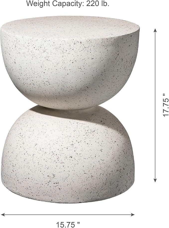 Glitzhome Outdoor Side Table, Round Accent End Table, Lightweight Hourglass Faux Terrazzo Decorative Garden Stool, 17.75" H White Planter Stand for Patio Porch Balcony Living Room