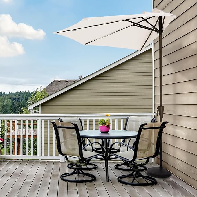 JEAREY 9ft Half Umbrella Outdoor Patio Umbrella Market Umbrellas with Crank, 1/2 Round Wall Umbrella 5 Sturdy Ribs UV Protection for Pool Garden Balcony Deck, Cream White