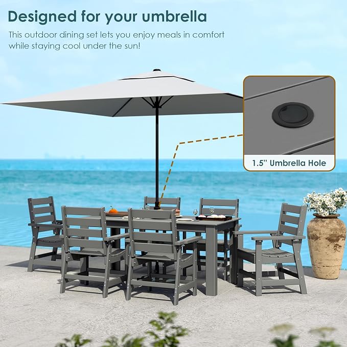 IVY&LANE Outdoor Dining Table | HDPE | 67’’ Rectangle Tables | Grey | All Weather | Umbrella Hole | Patio Furniture | for Poolside Lawn Garden Backyard