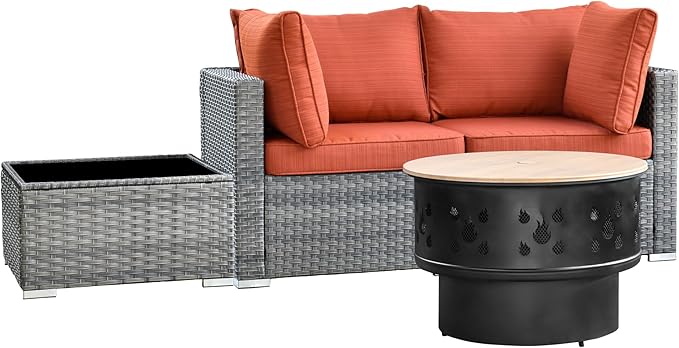 HOOOWOOO 4-Piece Outdoor Wicker Patio Furniture Set, Modular Sectional Sofa with Cushions, Side Table, and Fire Pit Table, All-Weather Rattan Garden Seating for Patio, Porch, or Balcony (Orange Red)