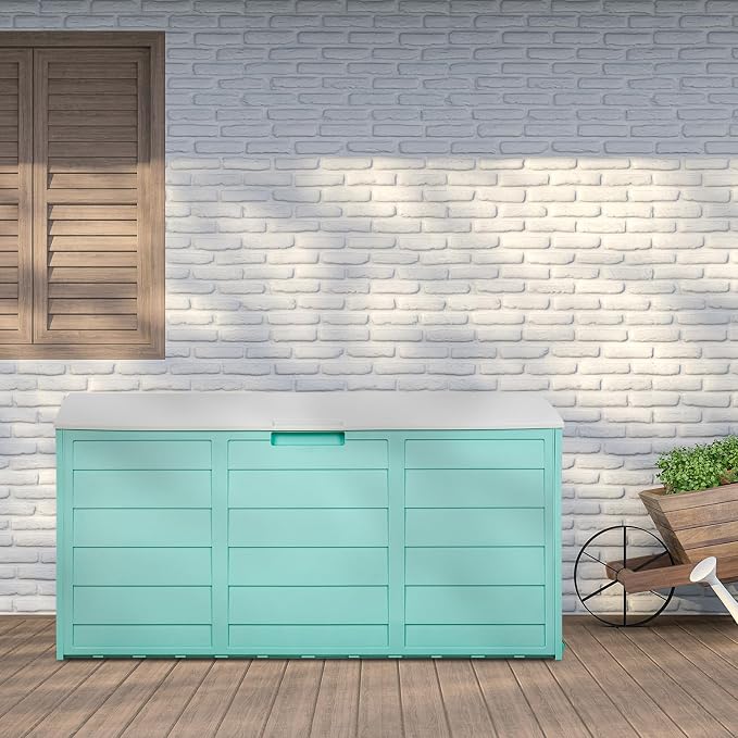 75Gal 280L Green Plastic Outdoor Storage Deck Box, Weatherproof UV Resistant Lockable Patio Storage Chest with Wheels and Molded Handles, Tool-Free Multipurpose Container for Garden Tools Cushions BBQ