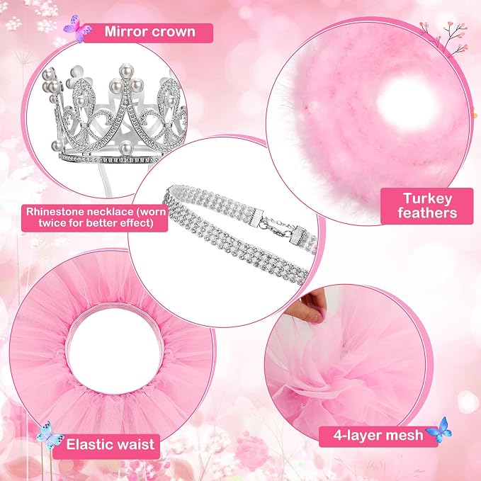4 Pcs Princess Porch Goose Outfit for 23" 17" Cement Lawn Goose Costume Crown Necklace Tutu Skirt Feather Trim(Pink)