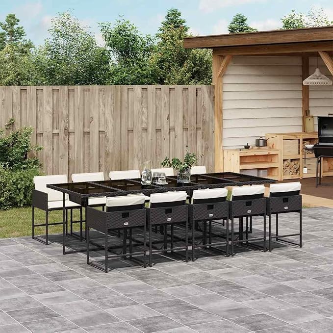 11 Piece Patio Dining Set with Cushions Black Poly Rattan Outdoor Furniture Table 10 Chairs Tempered Glass Top Foldable Storage UV-Proof