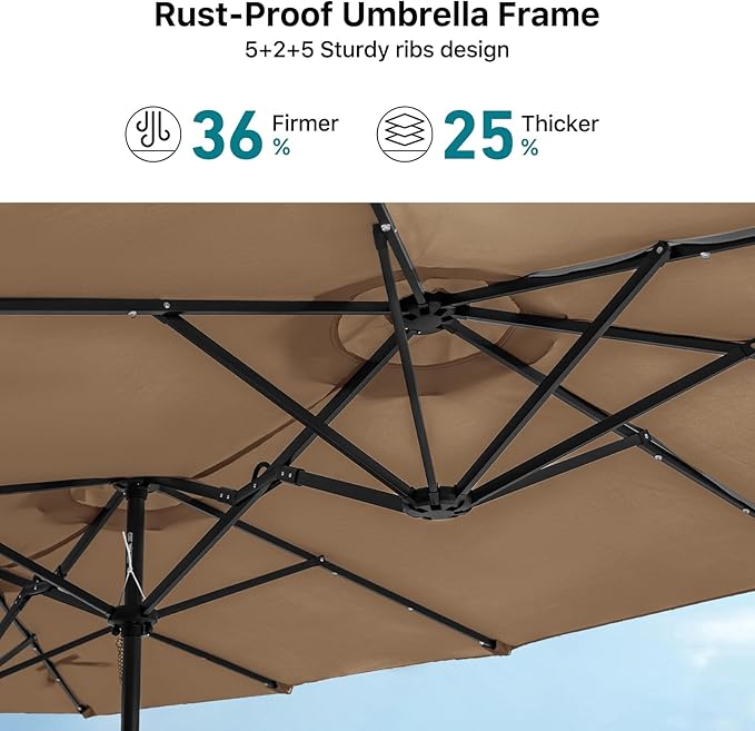FREE SOLDIER 13ft Patio Umbrella with 36 LED Solar Lights Double Sided Outdoor Umbrella for Patio Table Umbrella with Solar lights for Garden Yard Pool (Tan)