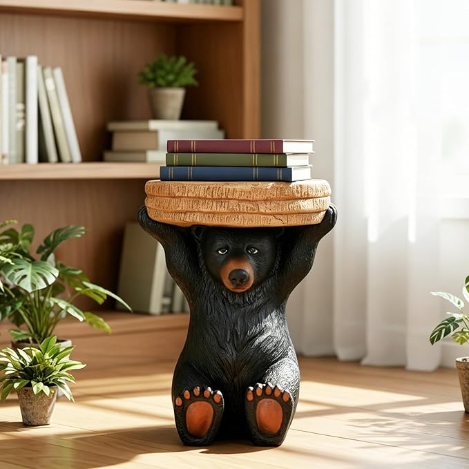 20.8" H Rustic Black Bear Side Table - Outdoor Side Table & Outdoor Decoration,Fibre Reinforced Concrete and Weatherproof, Bear Statue for Garden, Porch, Patio, Balcony or Living Room Decor