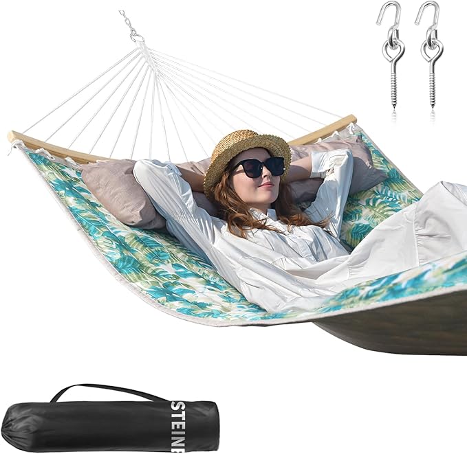 2 Person Hammock with Hanging Kits, Quilted Hammock for Tree with 2 Pcs Heavy Duty Stainless Steel Hooks, 1 Detachable Pillow, Curved Spreader Bar, Chains, Carrying Bag, 450 LBS Capacity