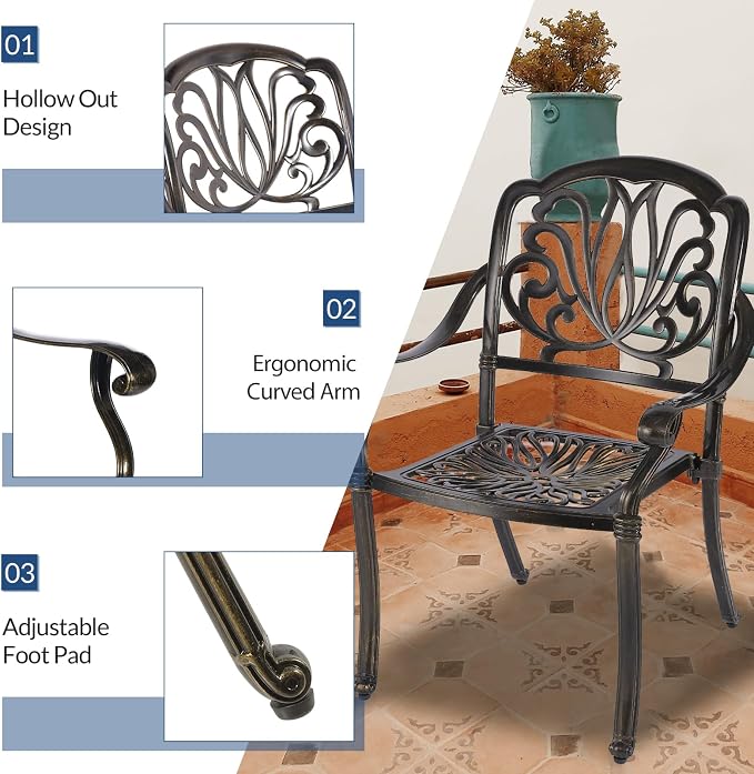 5-Piece Outdoor Patio Dining Set, All-Weather Cast Aluminum Patio Conversation Set, Includes 35.4 inch Square Table w/Umbrella Hole and 4 Chairs for Balcony Lawn Garden, Antique Bronze
