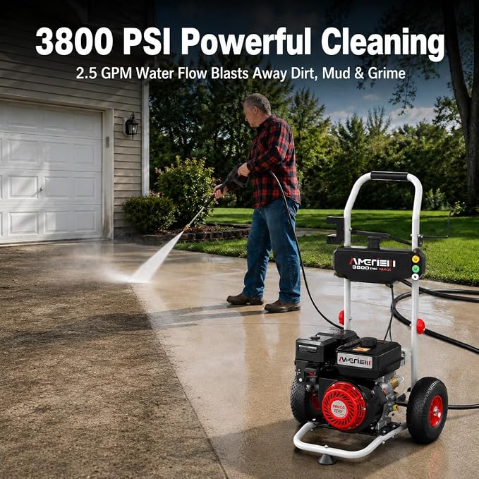 Gas Powered Pressure Washer 3800 PSI, 2.5 GPM High Power Washer, 212CC Engine with 5 Spray Tips—Ideal for Houses, Driveways, Cars, and Concrete Surfaces