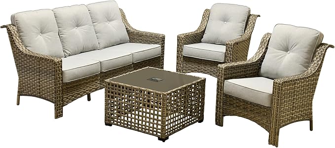 Outdoor Patio Furniture Sets, 4 PCS Patio Conversation Set Outside Rattan Sofa with Solar Light Coffee Table Comfy Cushions Fit Backyard Porch Garden Poolside Balcony,Light Grey