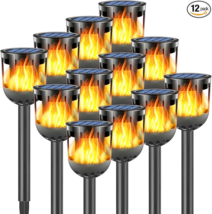 Solar Tiki Torches with Flickering Flame - Solar Lights Outdoor Waterproof, Auto On/Off, Solar-Powered Decorative Lighting for Garden, Yard, Landscape, Patio, Driveway, Walkway, Pathway (12)
