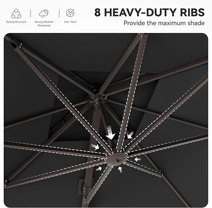 GENTEACO 10X10 FT Cantilever Umbrella with Base Included, Large Offset Patio Umbrella with Double Top, 6 Angle Tilts & 360° Rotation, Large Square Sun Umbrellas for Outdoor Pool Market, Black