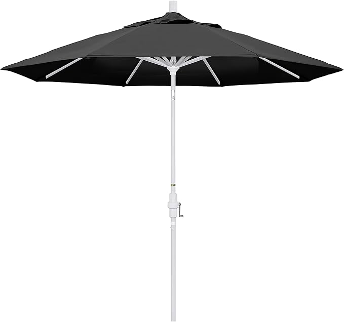 California Umbrella 9' Round Aluminum Market Umbrella, Crank Lift, Collar Tilt, White Pole, Black Olefin