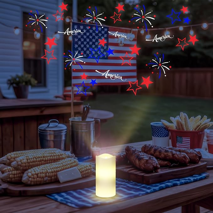 4th of July Flameless Candle Patriotic Projector Light 250th Anniversary Decoration LED Candle Battery Operated Night Light with Remote Timer Independence Day Memorial Red White Blue Table Decor