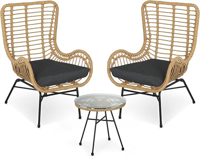 Athena Collection Patio Bistro Sets, 3 Piece All Weather Furniture Set Outdoor Conversation Set Glass Table and Rattan Chairs Set with Soft Cushions for Garden, Poolside, Backyard, Black