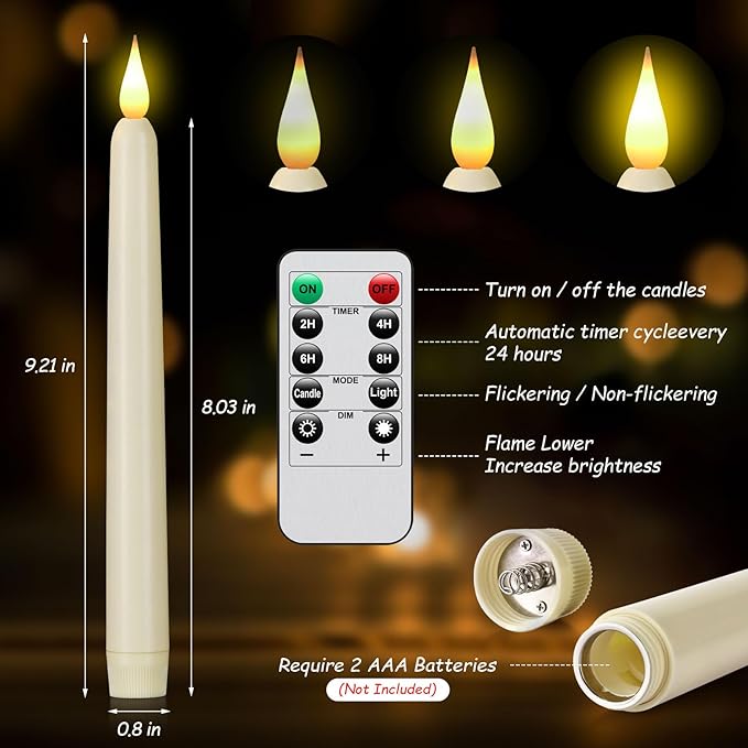 Flameless Taper Candles with Remote Control,9pack Dripless Plastic LED Candles,Flickering Battery Operated,9.2'’Classic Tall Candle for Wedding, Party,Halloween,Christmas,Home Decor (Ivory)