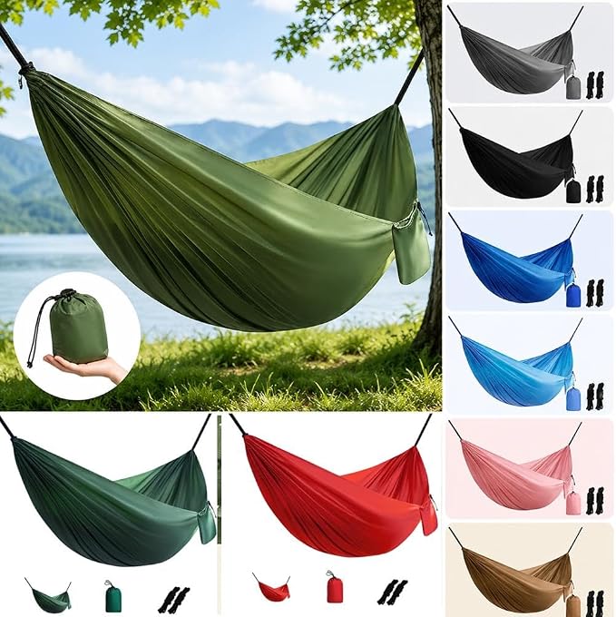 Camping Hammock Lightweight Portable Double Swing with 2 Tree Straps, Heavy Duty Parachute Nylon Bed for Backpacking Hiking Beach, Outdoor Essentials for Backyard Patio Camping Gear (Red)