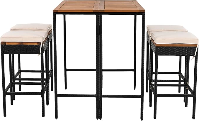 10-Piece Outdoor Patio Dining Set, Acacia Wood Bar Height Table with Foldable Tabletop and Four Stools with Cushions, High-Dining Bistro Set