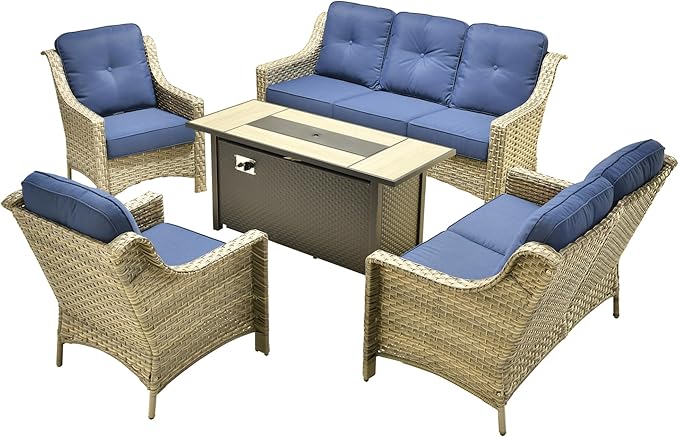 Outdoor Patio Furniture Sets, 5 PCS Patio Conversation Set Outside Rattan Sofa with 54 in Fire Pit Table Comfy Cushions Fit Backyard Porch Garden Poolside Balcony,Navy Blue