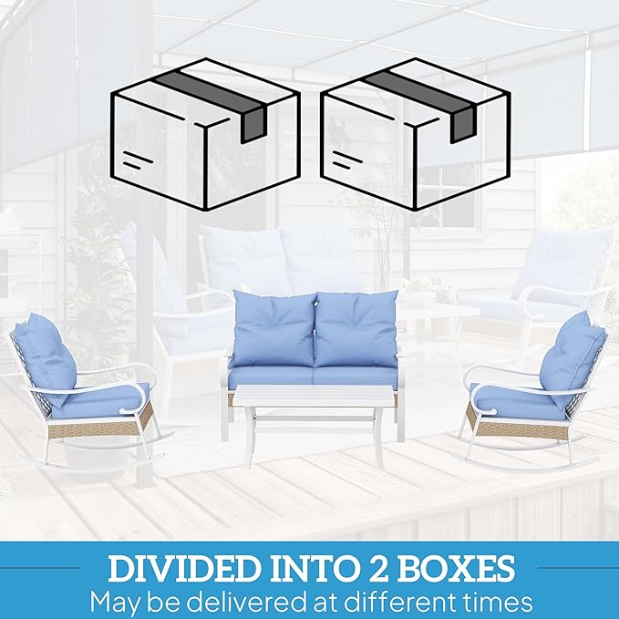 Outsunny 4 Piece Patio Furniture Set for Backyard, Lawn and Pool, Outdoor Conversation Set with Loveseat Sofa, Rocking Chairs, Coffee Table, Light Blue
