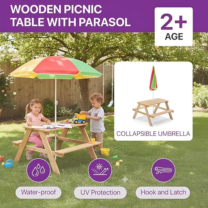 Plum® Wooden Kids Picnic Table - Outdoor Toddler Activity Table and Chair Set with Removable & Adjustable Umbrella, Built-in Bench, Backyard Furniture, Durable, Weatherproof, Easy to Clean, Ages 2+
