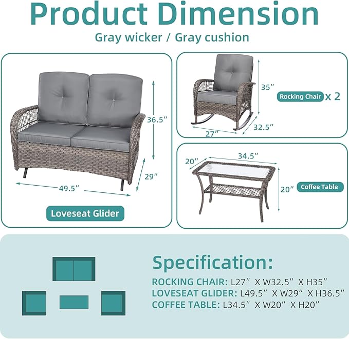 MEETWARM 4 Pcs Outdoor Patio Set with Glider Loveseat, Glass-Top Coffee Table, Thickened Cushions, Gray